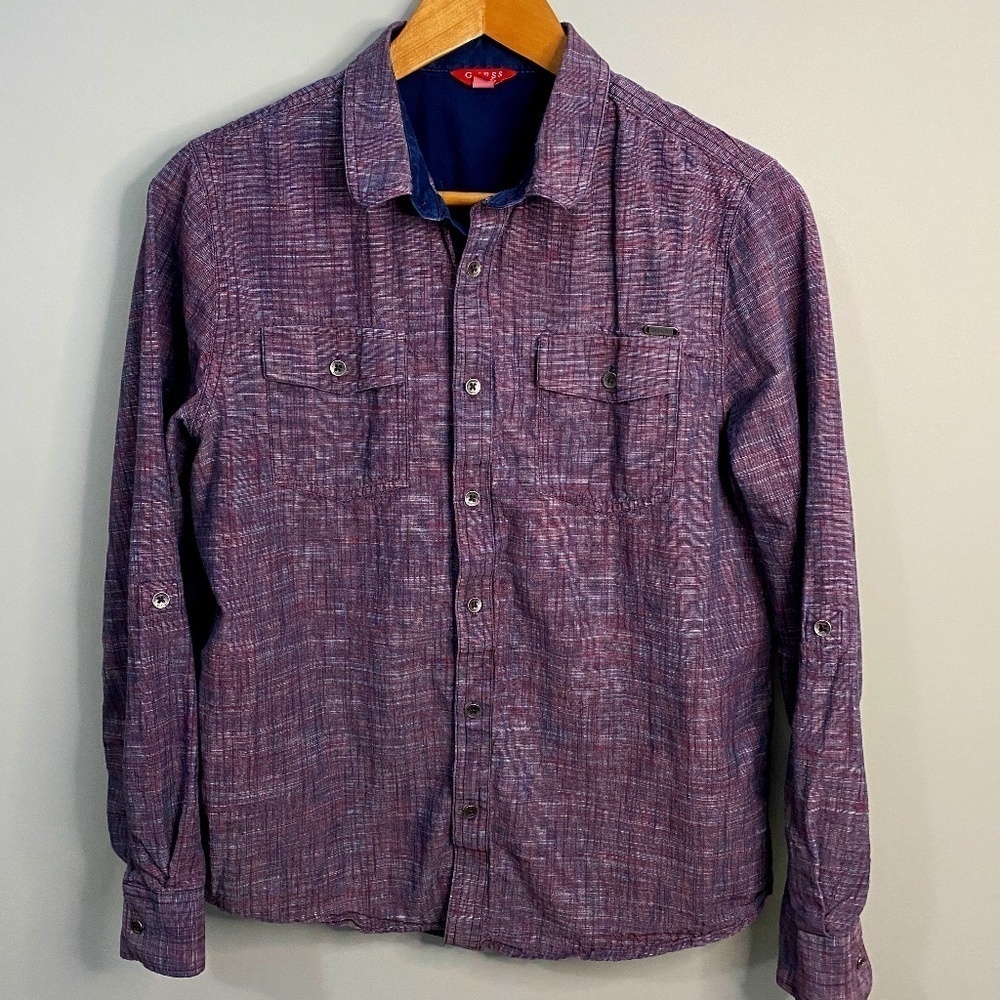 Guess Purplish-red Men's Fine Plaid Button Up Shirt Size Medium